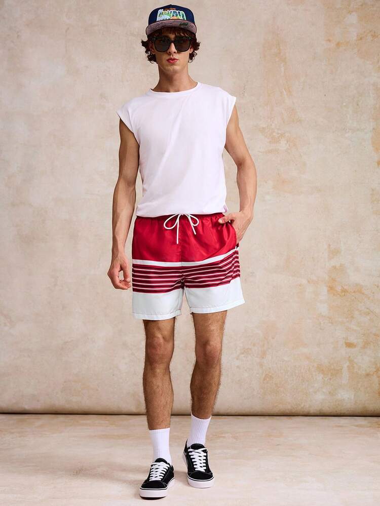 Surfspeed 男士条纹印花抽绳腰沙滩短裤 - 紅色 - 查看 6