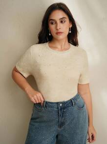 Anewsta 大码女式沙色水洗铆钉修身圆领短袖T恤 - 杏色 - 查看 7