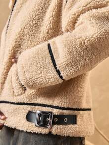 Bóhologie Women's Faux Shearling Coat, Zip-Up Front, Buckle Neckline, Contrast Piping, Oversized Teddy Jacket, Zipper Closure, Faux Leather Trim, Longline Fit, Sherpa Fleece Coat, Stand Collar, Adjustable Hem, Cozy Fit - Beige - View 5