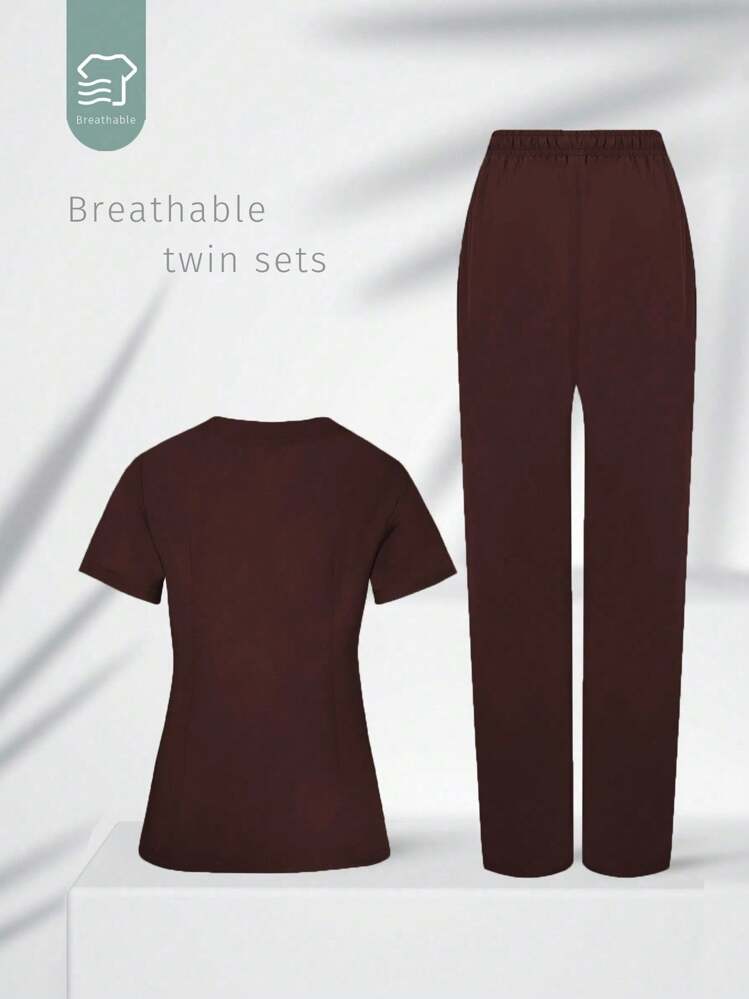 TaskEZ 柔软舒适的V领多口袋短袖套装 - 咖啡棕 - 查看 2