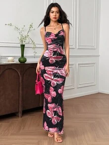 EastFlair Women's Butterfly Print Draped Neck Fitted Long Dress Long Floral Dress Women Bodycon Maxi Dress Women Butterfly Print Maxi Dress  Chinese Style - Multicolor - View 2