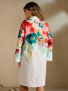 SHEIN MOOSTA فستان قميص كاجوال مطبوع بطباعة رقمية ثلاثية الأبعاد بزهور للنساء ذوات الأحجام الكبيرة للشاطئ والعطلات