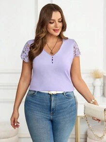 SHEIN Clasi Plus Size Casual Solid Color Lace Patchwork Short Sleeve T-Shirt - Mauve Purple - View 6