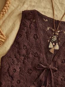 Travachic Áo khoác ngắn dệt kim màu nâu dáng suông với chi tiết viền lượn sóng và cổ chữ V dành cho nữ mùa thu đông, áo móc len nữ, áo ren nữ, áo ren màu nâu, áo phong cách Boho nữ, áo móc len màu nâu, phong cách kỳ nghỉ nhiệt đới, Bohemian, Ibiza, phong cách miền Tây. - màu nâu - Xem 3