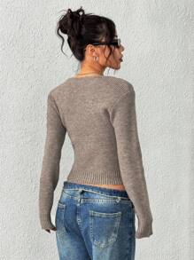 Jouncy Women's Casual Solid Color Simple Round Neck Knit Sweater Fall Winter Cloth For Women - Khaki - View 2