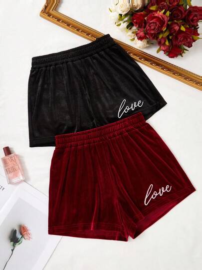 SHEIN 2件套撞色字母刺绣天鹅绒短裤