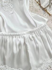 SilkySpell Lace Trim V-Neck Backless Silk-Like Women's Camisole & Shorts Pajama Set Lace Pajama Set Lace Sleep Set Bridal Pj Set Lingerie Sleep Set - White - View 5