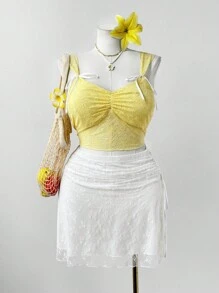 Sweetra Váy mini xếp ly ren thời trang cỡ lớn dành cho nữ, mùa hè - trắng - Xem 6