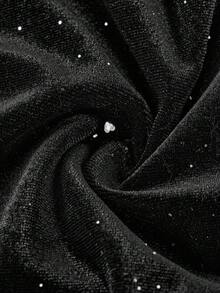 SHEIN 青少年女孩优雅纯黑色亮片天鹅绒露肩荷叶边袖合身美人鱼长裙、万圣节礼服、化妆舞会礼服、黑色长裙、仙女裙、万圣节派对礼服 - 黑色 - 查看 3