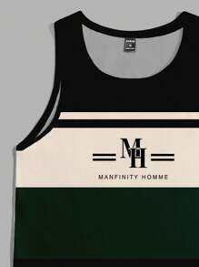Solurane Men's Summer Letter & Stripe Print Round Neck Casual Tank Top - Dark Green - View 3