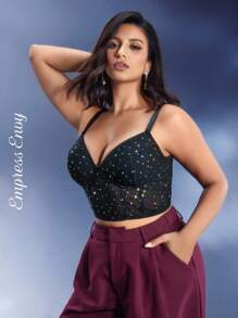 EmpressEnvy 大码黑色水钻装饰无钢圈文胸 - 黑色 - 查看 5