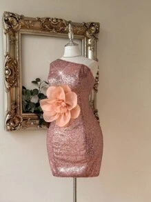SHEIN Belle Elegant Champagne Pink Fine Sequined One-Shoulder Bodycon Dress,Gorgeous Oversized Stereo Floral Decor Wedding Guest Party Bachelorette Prom Cocktail - Champagne - View 3