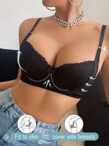 SHEIN Women's Sexy Lace Underwire Push-Up Bra - Black - View 3