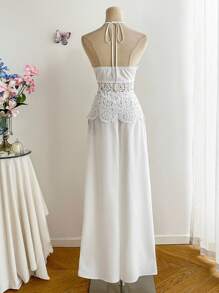 Chiquease Women's 2pcs Set, Hollow Embroidered Patchwork, Bubble Fabric, Solid Color, Fitted, Spaghetti Strap, Sleeveless, Chest Pleated, Open Back, Bowknot Back, Drawstring Waist, Real Pockets, Pleated, Hand-Threaded, Holiday, Festival, Elegant, Casual, Minimalist, Commute, Bohemian Holiday Style, Romantic, Sexy, Luxurious, Women's Spring/Summer Camisole, Women's Spring/Summer Pants, Women's Spring/Summer 2pcs Set All White Clothes For University - White - View 2