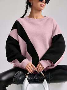 EURMUSE Cotton Colorblock Drop Shoulder Sweatshirt - Baby Pink - View 5