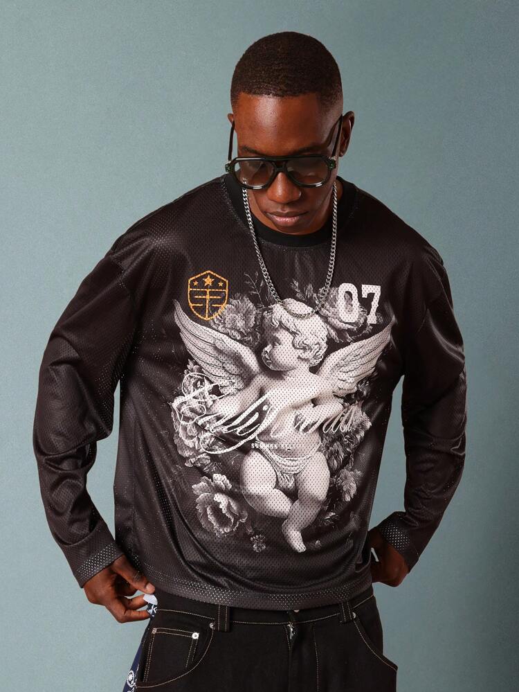 Mesh Long Sleeve T-Shirt With Angel Print And Shield Logo