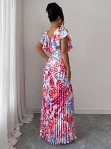 Elenzga 荷叶边袖 V 领度假 A 字腰褶皱优雅浪漫女式连衣裙 - 彩色 - 查看 2