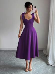 Selianne 嘉年华紫色无袖系带收腰A字优雅浪漫连衣裙，适合女性，教师节 - 紫羅蘭色 - 查看 4