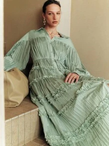 Arave 纯色棉质褶皱荷叶边领全纽扣装饰长款泡泡袖系带宽松休闲沙滩度假连衣裙，适合女士，春夏秋季 - 綠色 - 查看 5