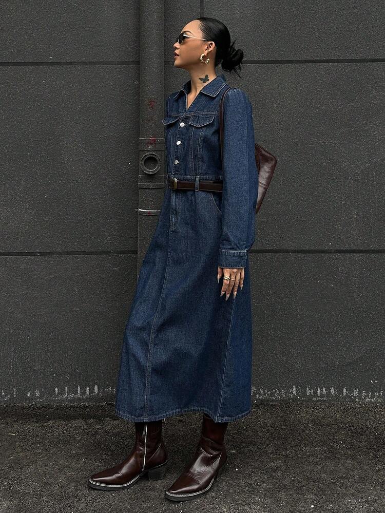 Women's Street Style Pocketed Long Sleeve Denim Dress Maxi Dress