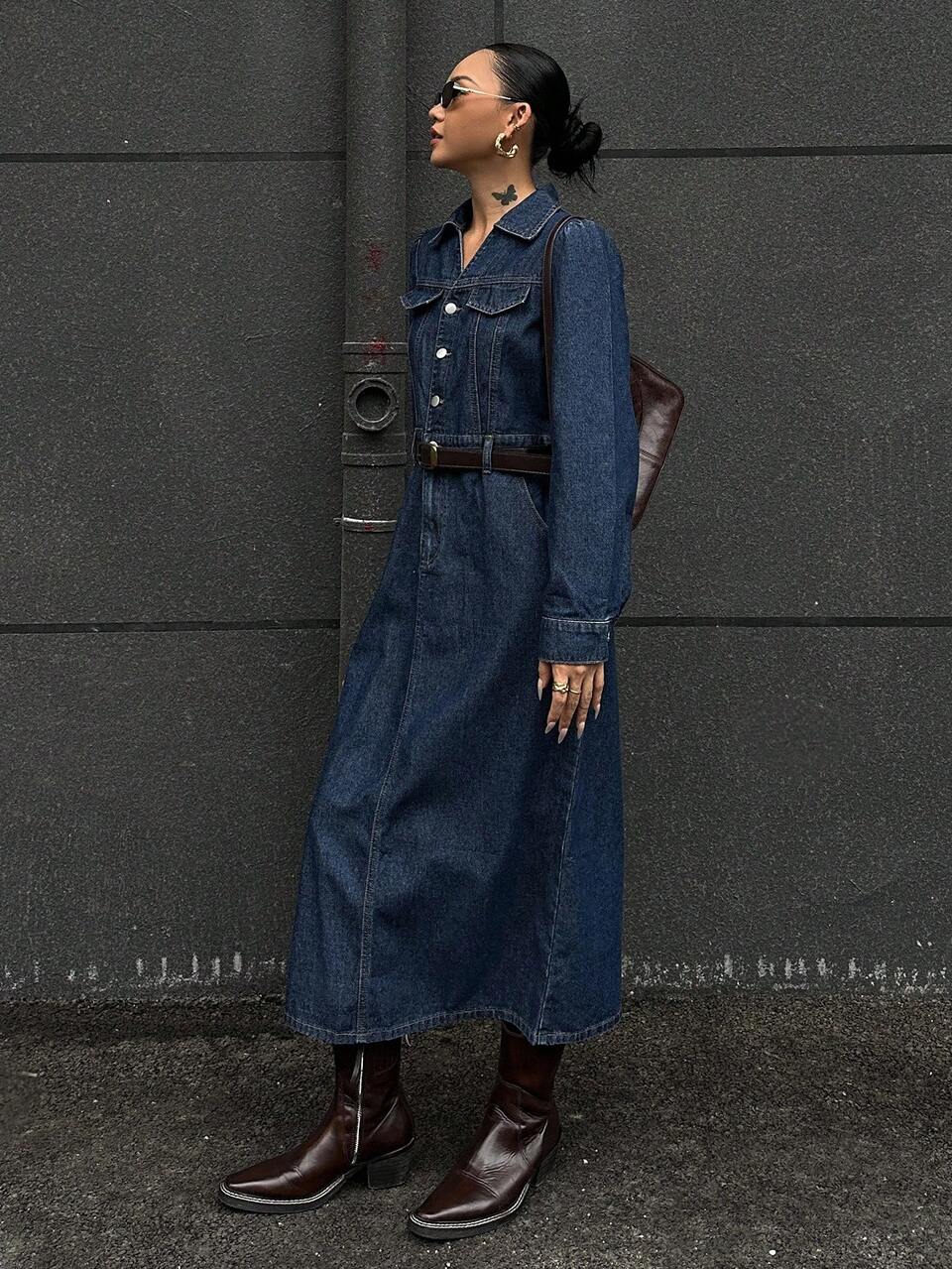 Women's Street Style Pocketed Long Sleeve Denim Dress Maxi Dress