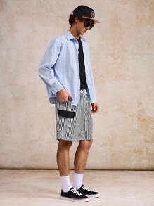 Surfspeed Men's Striped Drawstring Waist Cargo Pocket Beach Shorts - Black and White - View 6