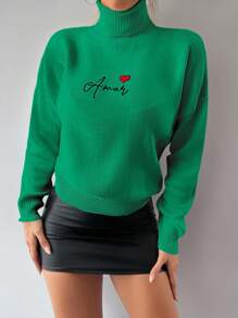 EURMUSE 字母和愛心圖案高領落肩袖套頭毛衣 - 綠色 - 查看 1