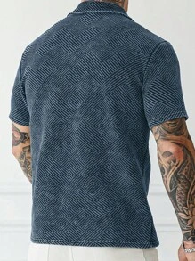 Manfinity Homme 男士水洗休闲纹理夏季短袖 Polo 衫 - 藍色 - 查看 4