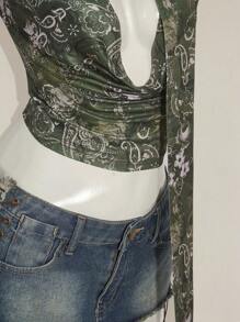 SHEIN ICON Y2k V 领西部女式波西米亚海滩女式嬉皮夏季外出复古佩斯利印花女式全身花卉印花垂坠性感吊带背心，夏季度假休闲 - 綠色 - 查看 8