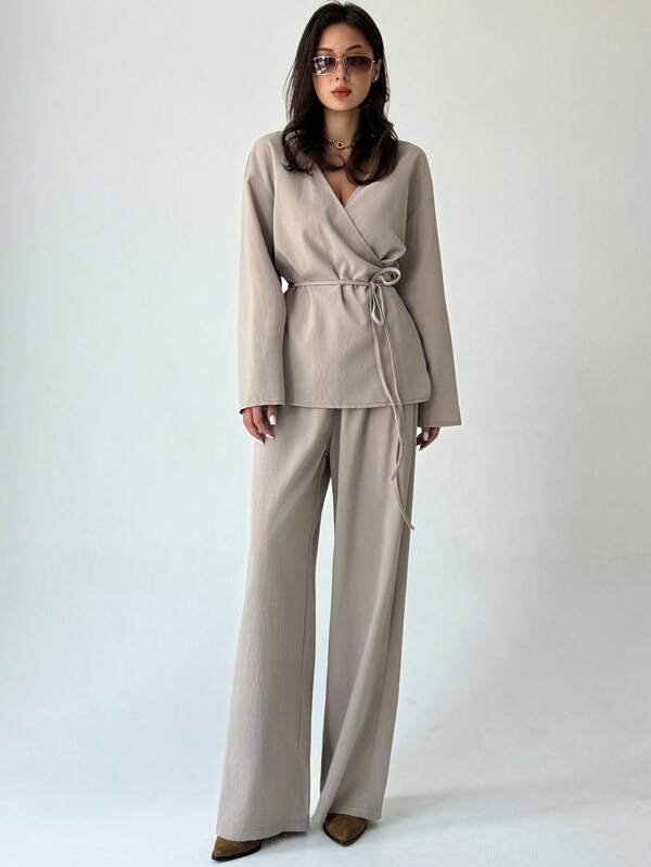 Aloruh Khaki Minimalist Office Commute Outfit: Flare Sleeve Tie Waist Women's Shirt + Wide Leg Long Women's Pants, 2pcs Set,Fall
