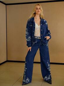 MOTF PREMIUM CHAQUETA DE MEZCLILLA CON BORDADO FLORAL - Azul lavado medio - Ver 4