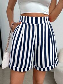 SHEIN Clasi 大码女式夏季休闲日常度假通勤撞色条纹印花高腰侧袋宽松短裤 - 藍色 - 查看 1