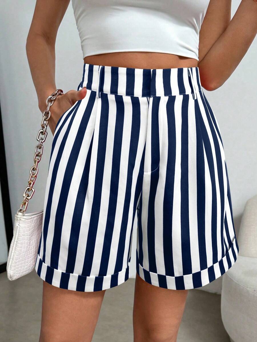 SHEIN Clasi 大码女式夏季休闲日常度假通勤撞色条纹印花高腰侧袋宽松短裤 - 藍色 - 查看 1
