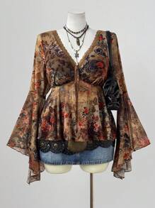 Flirla 加大码女式腰果花卉印花撞色蕾丝 V 领喇叭袖时尚衬衫 - 彩色 - 查看 6