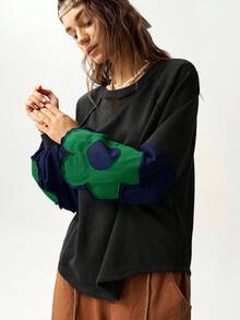 Bohemela Women's Solid Color Block Crew Neck Long Sleeve Floral Decor Sweatshirt, Casual Wear Fall Topspull Oversizeblouse Green Oversized Tops Aesthetic Tops Sleeve Top Oversized Graphic Tees Women Long Sleeve Tops, - Multicolor - View 1