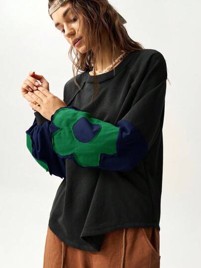 Bohemela 女式纯色圆领长袖花卉装饰运动衫，休闲秋季上衣套头衫，大码衬衫，绿色