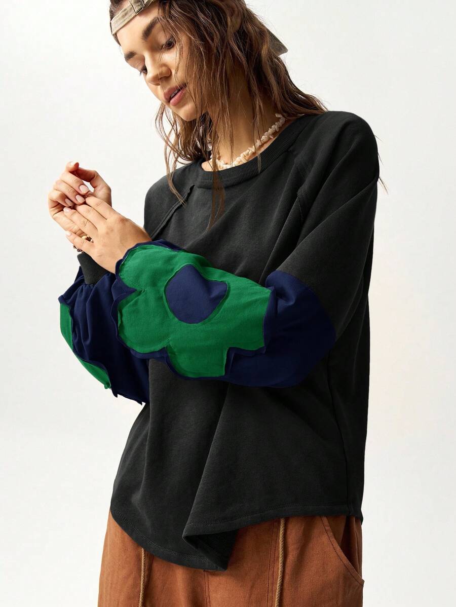 Bohemela Women's Solid Color Block Crew Neck Long Sleeve Floral Decor Sweatshirt, Casual Wear Fall Topspull Oversizeblouse Green Oversized Tops Aesthetic Tops Sleeve Top Oversized Graphic Tees Women Long Sleeve Tops, - Multicolor - View 1