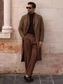 HIMLAND Men's Houndstooth Trench Coat, Wide Shoulder Long Single-Breasted Jacket, Suitable For Daily Wear Men Long Coat Men Fall Collection Earthy Men Brown Houndstooth Coat, Winter - Multicolor - View 1