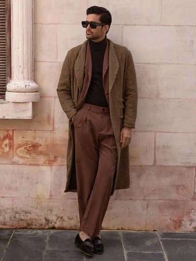 HIMLAND Herren Hahnentritt-Trenchcoat, breite Schultern, langer, einreihiger Jacke, geeignet für den täglichen Gebrauch, Herren Mantel, Herren Herbstkollektion, erdige Herren Braun Hahnentritt-Mantel, Winter