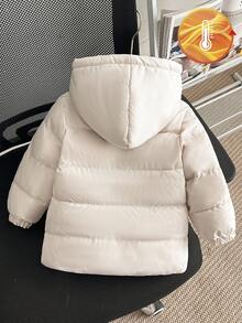 SHEIN 婴幼儿男童新款冬季连帽加厚棉服，拉链贴片标志，男婴秋冬外套，百搭款式 - 白色 - 查看 2