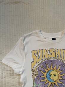 Attitoon Casual Crew Neck Short Sleeve Fitted Women T-Shirt, Suitable For Summer, Vacation, Sun, Moon, Butterfly, Floral Print Vintage Graphic Tees Summer Graphic Tees Suitable For Going Out - White - View 4