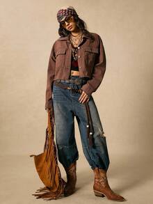 Easelle 复古索环装饰宽松磨损下摆女式牛仔夹克，秋季女装女式西部夹克短款西部夹克棕色短款夹克女式西部装牛仔夹克女式西部衬衫棕色短款夹克 - 棕色 - 查看 2