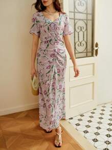 Omancia 秋季女式印花褶皱修身优雅浪漫连衣裙，适合休闲、度假、返校、感恩节、春夏季 - 彩色 - 查看 6