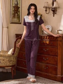 Côtesoire Casual Purple Long Pant Pajama Set With Square Neck And Short Sleeves Women Polka Dot Pajama Set Purple Pajama Set - Purple - View 5