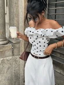 INAWLY Áo nữ thời trang in họa tiết chấm bi một bên vai nhún bèo - trắng - Xem 7