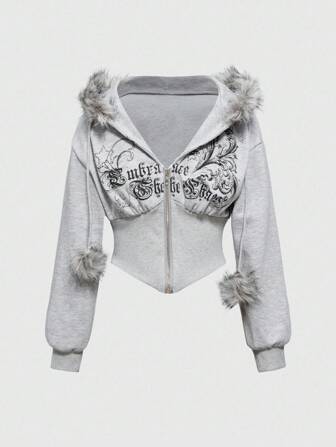 Grunge Punk Sweat-shirt à capuche ajusté imprimé léopard de la sous-culture Y2K, Sweat-shirt femme rétro avec imprimé de vigne et ornements de strass