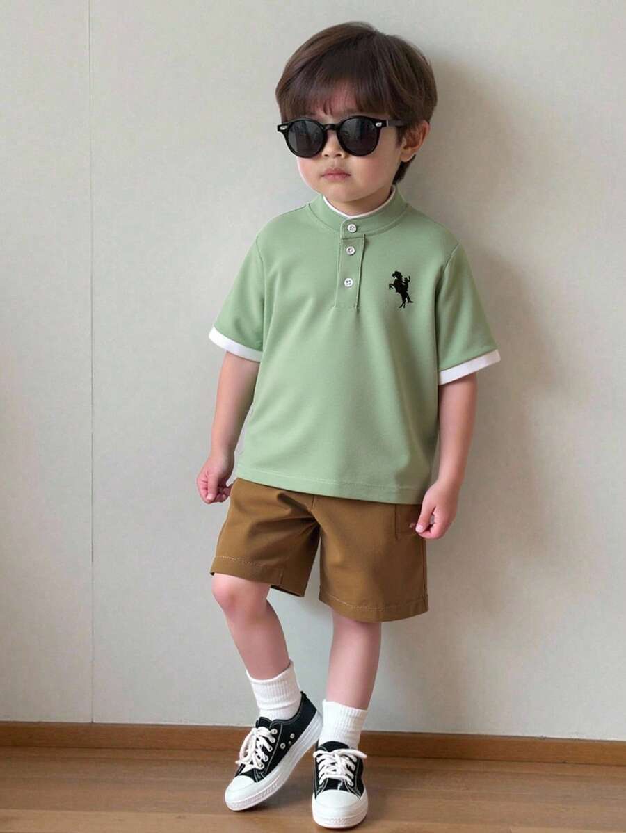 SHEIN Bộ 2 chiếc/bộ áo thun cổ đứng thoải mái cho bé trai màu tương phản thời trang thường ngày đa năng hàng ngày áo thun dệt kim và quần short dệt, thích hợp cho mùa xuân/hè, hàng ngày, thể thao, đi chơi, đi học, tụ tập, ngày lễ, biểu diễn và chụp ảnh - Màu xanh Bạc hà - Xem 1