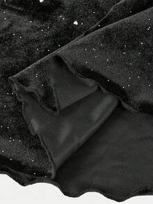 SHEIN 青少年女孩优雅纯黑色亮片天鹅绒露肩荷叶边袖合身美人鱼长裙、万圣节礼服、化妆舞会礼服、黑色长裙、仙女裙、万圣节派对礼服 - 黑色 - 查看 4