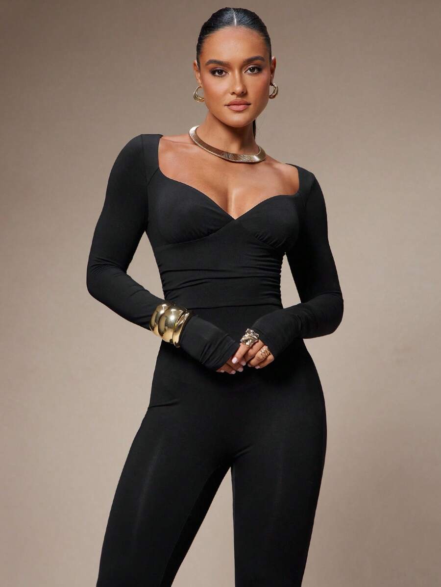 Silquee 女式休闲纯色紧身连体裤 - 黑色 - 查看 1