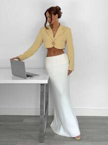 Siren Gaze 老钱风格黄色秋季女装返校冬季女装教师商务休闲女装黄色西装截短长袖向日葵金属纽扣宽松西装外套女式翻领长袖金属太阳装饰短款时尚西装外套 - 黃色 - 查看 4